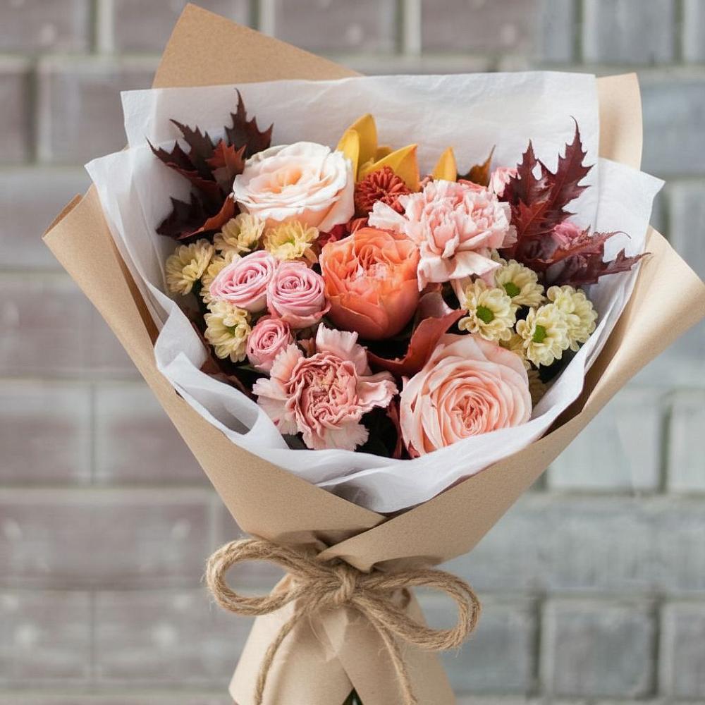 Букет цветов из: Гвоздики, Хризантемы и Розы в Малых Базах