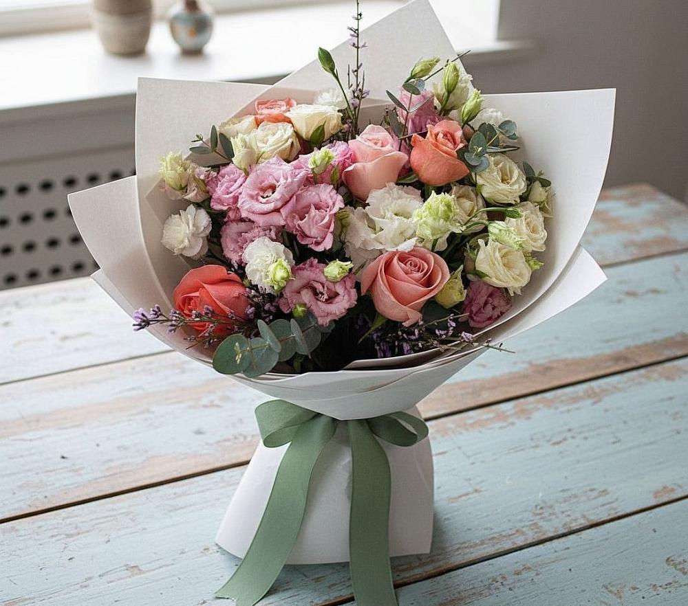 Букет цветов из: Розы, Лизиантусы и Гвоздики в Малых Базах